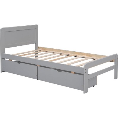 Acekool Twin Platform Bed with 2 Trundle Storage Drawers, Headboard, Sturdy Frame, No Box Spring Needed, Space Saving for Kids or Guest Room