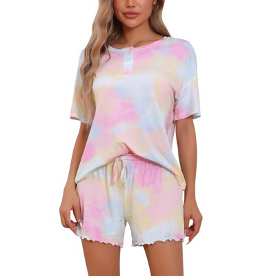cheibear Women's Tie Dye Pajama Set Short Sleeve Shirt Round Neck 2 Piece Lounge Set Sweatsuit