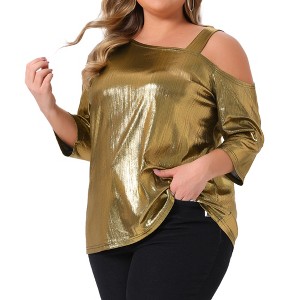 Women's Plus Size Metallic Sparkle Shiny One Shoulder Neck 3/4 Sleeve Party Blouses - Agnes Orinda - 1 of 4