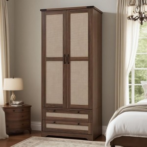 Brafabhome Modern Wood Armoire Wardrobe Closet with 2 Doors, Freestanding Wardrobe Clothes Cabinet with Drawers and Hanging Rod for Bedroom | White - 1 of 4