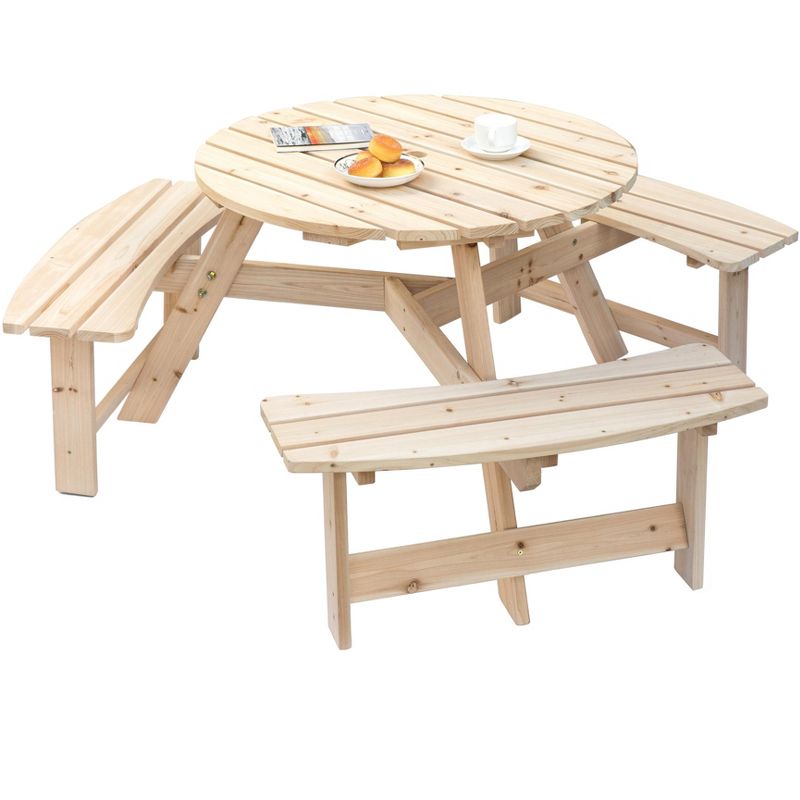 GardenisedWooden Outdoor Round Picnic Table with Bench for Patio, 6- Person with Umbrella Hole, 6 of 14