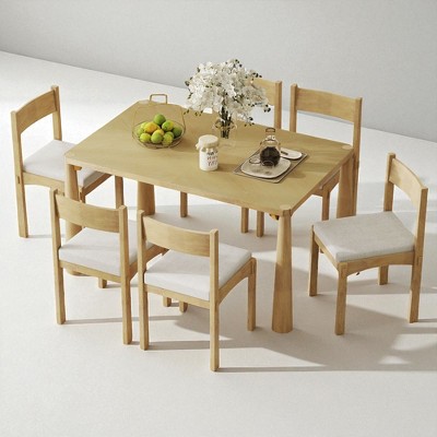 7-Piece Retro Dining Table Set, Wooden Rectangular Table with 6 Upholstered Chairs, Classic Kitchen & Dining Room Furniture for Family Meals