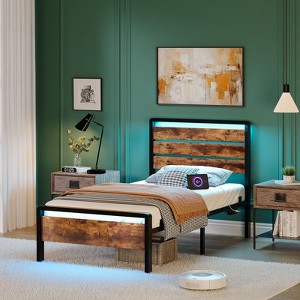 Karl Home Bed Frame with LED Light and Charging Station, Metal Platform Bed with Wood Headboard, No Box Spring Needed - 1 of 4