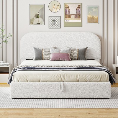 Upholstered Storage Bed, Bed with Hydraulic Storage System, Wood Frame Storage Bed with Curved Headboard and Rails-Baofuwish