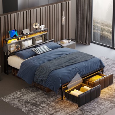 Bestier Bed Frame with Hidden Storage Headboard and Dual LED Light,Black PU Leather Bed with 2 Drawers, 2 Tier Shelves with Charging Station