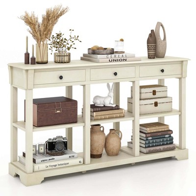 Costway 58'' Long Sofa Table with Storage Retro Console Table with 3 Drawers & Open Shelves Blue/White