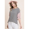 Slickblue Striped Curved Hem Casual Top, Mini Floral Chiffon Sleeves, Cute & Comfortable, Pink, S - 2 of 4