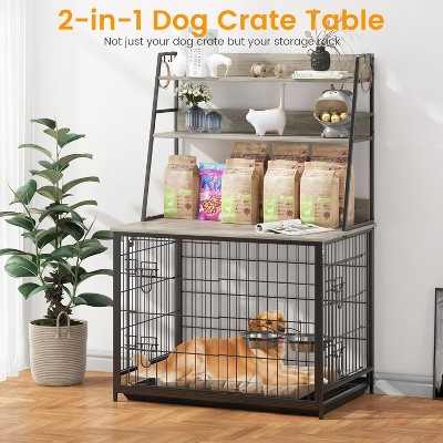 57" Heavy-Duty Dog Crate Furniture with 2 Doors, Flip Top, Storage Shelves, Removable Tray & Adjustable Bowls
