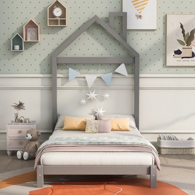 Whisen Twin Size Wood Platform Bed with House-shaped Headboard