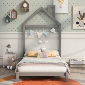 Whisen Twin Size Wood Platform Bed with House-shaped Headboard - 1 of 4