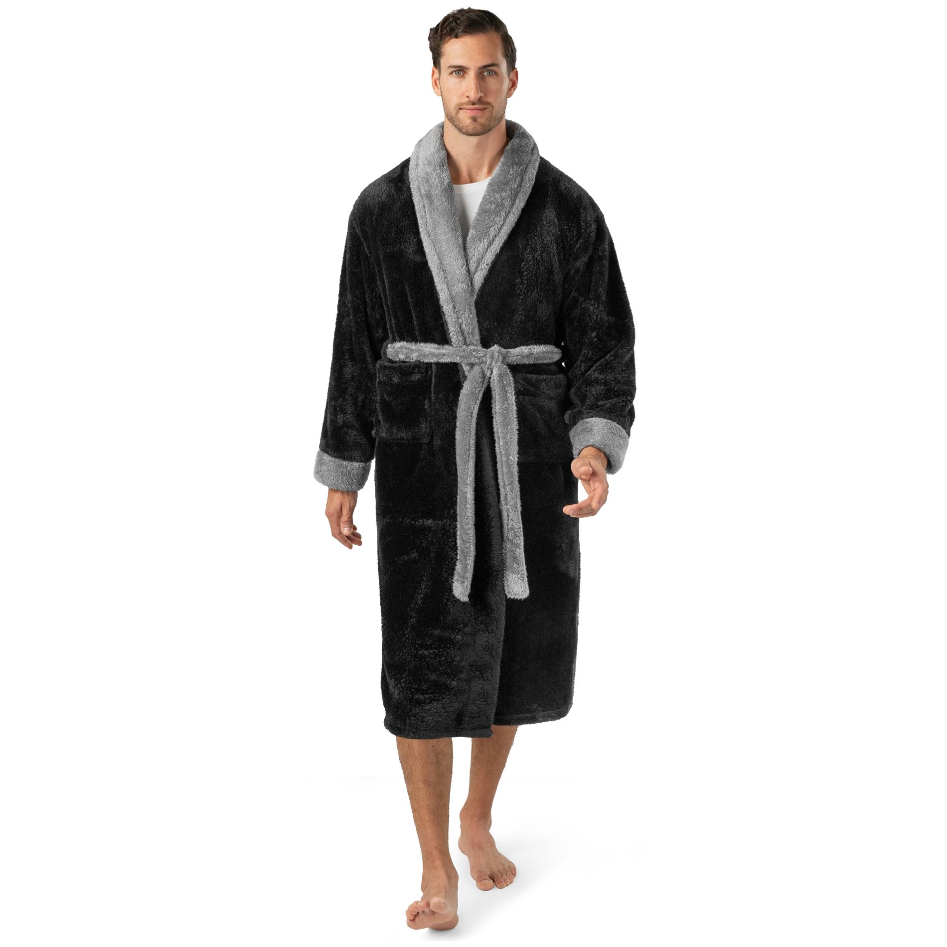PAVILIA Mens Soft Robe, Plush Fluffy Fleece Bathrobe Men, Long Faux Shearling Shaggy Spa with Shawl Collar (Two-Tone Black, Large-X-Large)