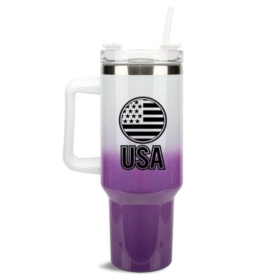 100 North USA American Flag Emblem Wrap-Around 40 Oz. Stainless Steel Water Bottle Coffee Mug, Spill & Leak Resistant, Travel Tumbler with Handle, Lid