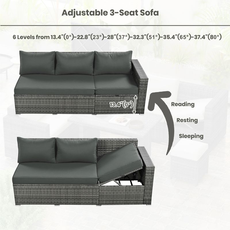 6PCS Patio PE Rattan Conversation Set, Outdoor Wicker Sectional Sofa with Storage Box and Tempered Glass Top Table-, 5 of 15
