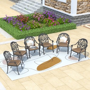 Cast Aluminum Stacking Patio Armchairs with Black Frame & Espresso Brown Plush Cushions - 1 of 4
