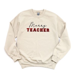 Simply Sage Market Women's Graphic Sweatshirt Merry Teacher Buffalo Plaid - 1 of 2