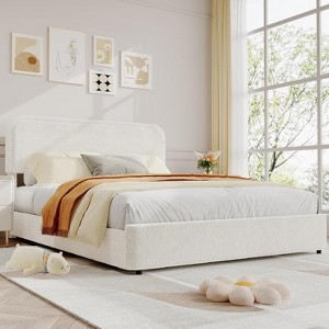 Full Size Platform Bed Frame with Headboard, Modern Beige Boucle Upholstered Bed Frame, 4 Storage Drawers, Sturdy Wooden Slats Support - 1 of 4
