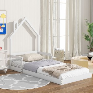 Nicbex Twin Toddler Floor Bed with House-Shaped Headboard,Montessori Floor Bed with Handrails,Sturdy Wood Playhouse Montessori Bed for Kids - 1 of 4