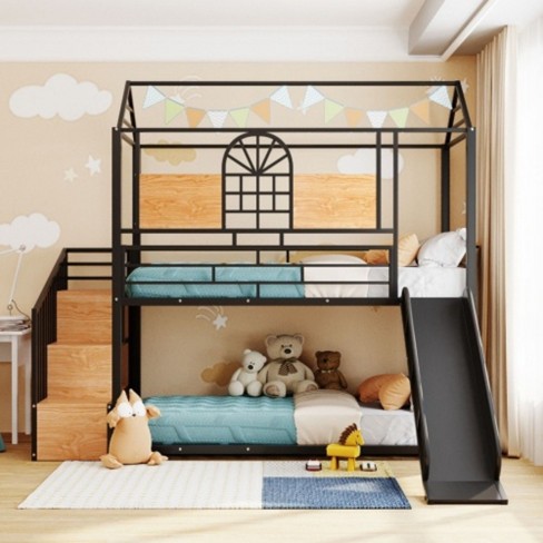 Twin Over Twin Metal Bunk Bed, Metal Housebed with Slide and Storage Stair, Black with Black Slide - image 1 of 4