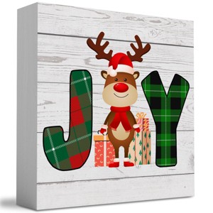 Rustic Winter Merry Christmas Joy Deer Wood Box Sign, Farmhouse Christmas Santa Artwork Decor - 1 of 3