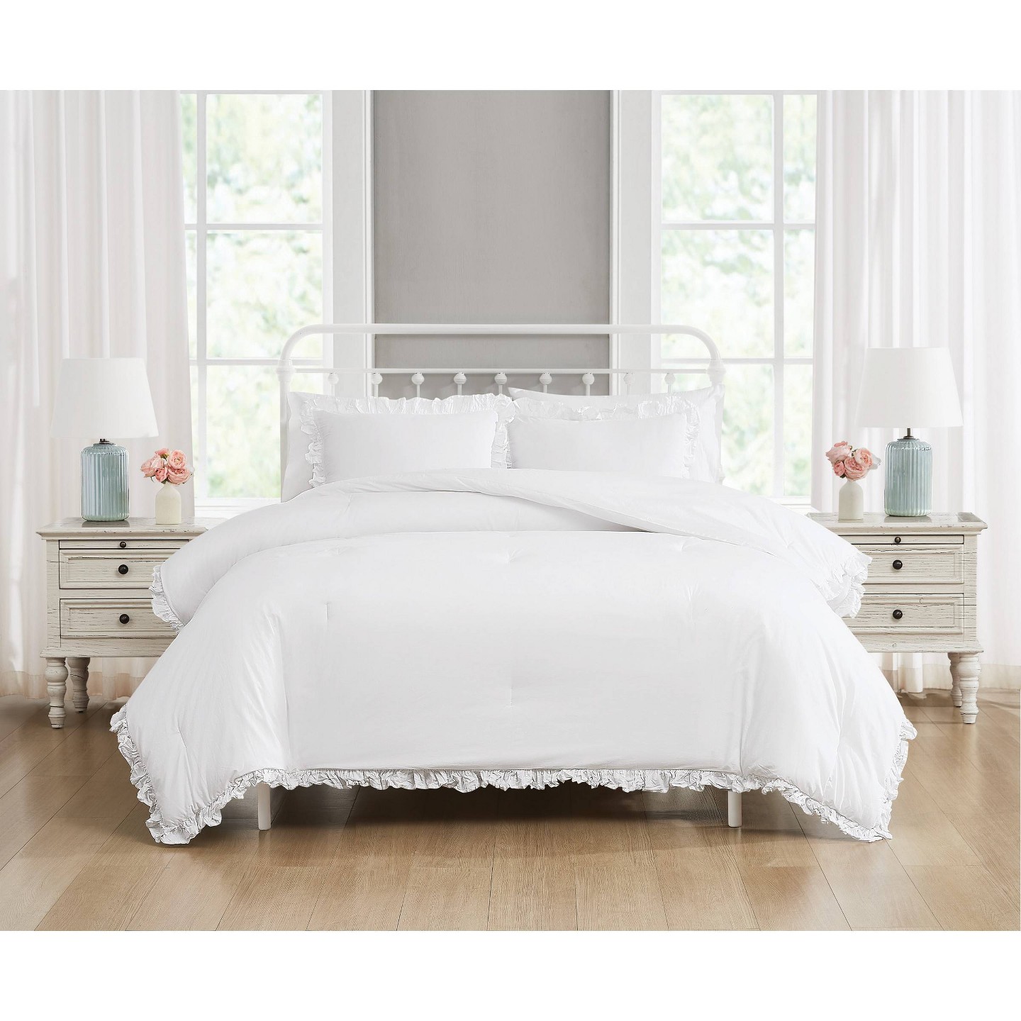 Комплект с одеялом The Farmhouse by Rachel Ashwell 3pc Full/Queen Ruffled Washed Comforter Set White, цвет: Белый — фото 2