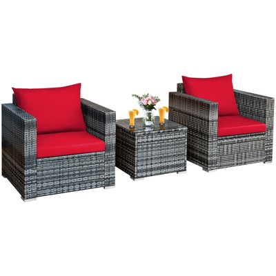 Tangkula 3-Piece Patio Wicker Conversation Set Bistro Rattan Sofa Chair with Washable Cushion
