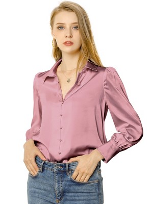 Allegra K Women's Satin Puff Sleeve Point Collar Vintage Button Up ...