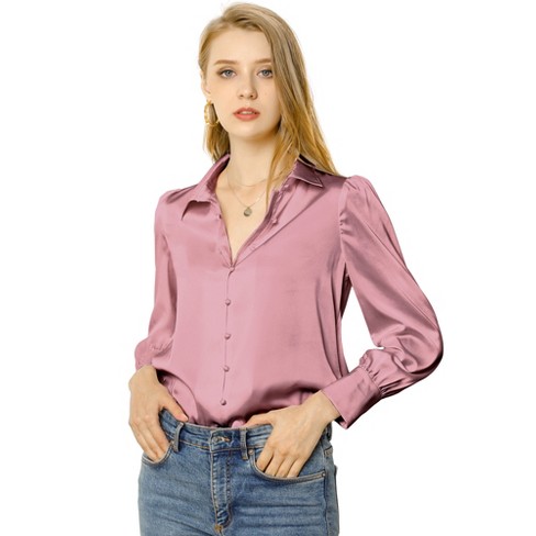 Pink satin button down hot sale shirt