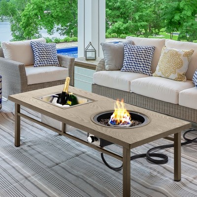 Heynemo Aluminum Propane Fire Pit Table, 4.5 Gallons Ice Bucket, and Lava Rocks, 3-in-1 Coffee Table for Outdoor Patio