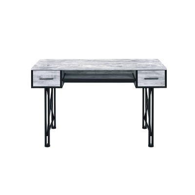 Distressed Antique White and Black Metal Framed Writing Desk with Drawers and Keyboard Tray