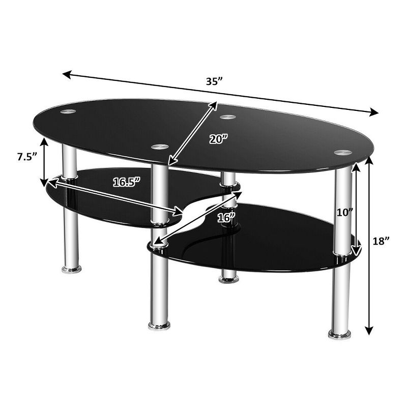 Costway Tempered Glass Oval Side Coffee Table Shelf Chrome Base Living Room Black, 2 of 10
