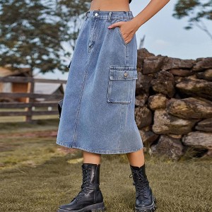 Women's Denim A-Line Midi Casual Back Slit Skirt with Side Pockets - 1 of 4