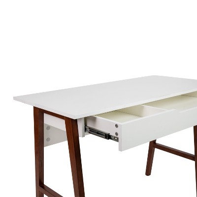 White Laminate Top Writing Desk with Walnut Frame and Drawer