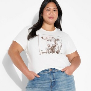Women's Locals Only Cow Short Sleeve Shrunken Graphic T-Shirt - Off-White - 1 of 3