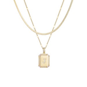 Adornia 14k Gold Plated Pave Tag Pendant and Herringbone Chain Necklace Set - 1 of 3