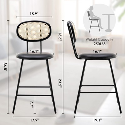Bencmate Dining Chairs, Counter Stools Set Of 4, Bar Stools, Faux Leather Counter Stool With Rattan Backrest, For Home, Black, 15.6"*16.5"*33"