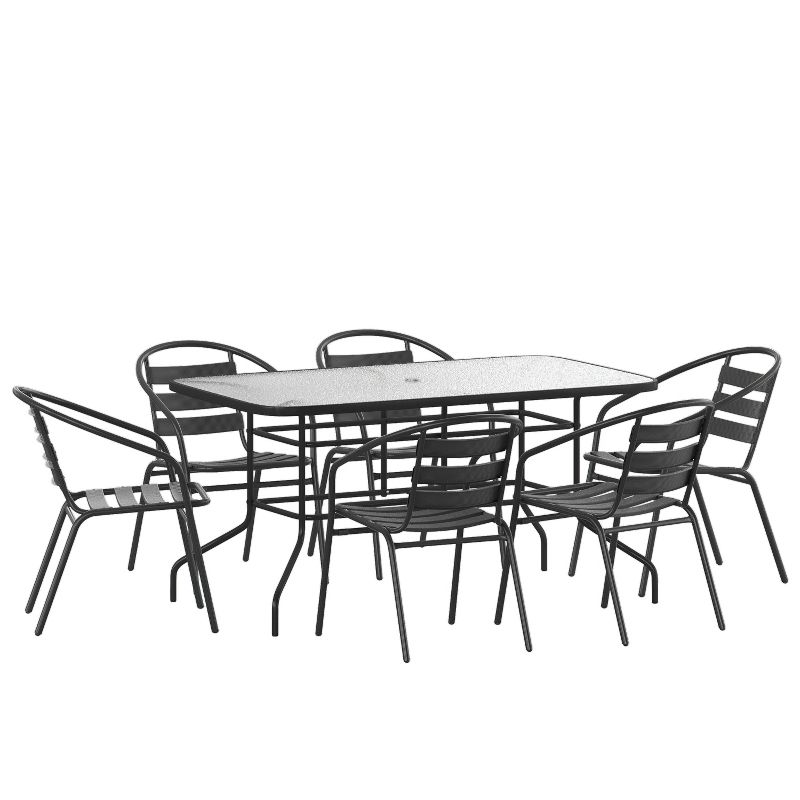 Flash Furniture 7 Piece Outdoor Patio Dining Set - 55" Tempered Glass Patio Table with Umbrella Hole, 6 Black Metal Aluminum Slat Stack Chairs, 1 of 12