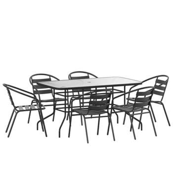 Flash Furniture 7 Piece Outdoor Patio Dining Set - 55" Tempered Glass Patio Table with Umbrella Hole, 6 Black Metal Aluminum Slat Stack Chairs