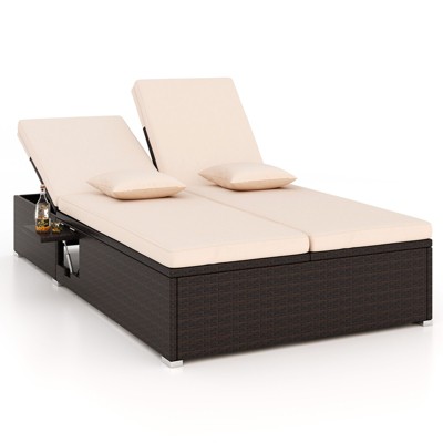 Tangkula Patio Double Chaise Lounge 6 Position Adjustable Wicker Recliner Bed with Cushions & Folding Side Trays