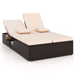 Tangkula Patio Double Chaise Lounge 6 Position Adjustable Wicker Recliner Bed with Cushions & Folding Side Trays - 1 of 4