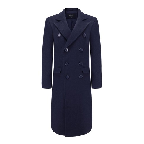 Men s Double Breasted Knee Length Wool Blend Three Button Long Jacket Overcoat Top Coat Navy Small