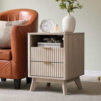 18" Modern Fluted Nightstand with Charging Station, Side Table with Faux Marble Top for Bedroom, Living Room