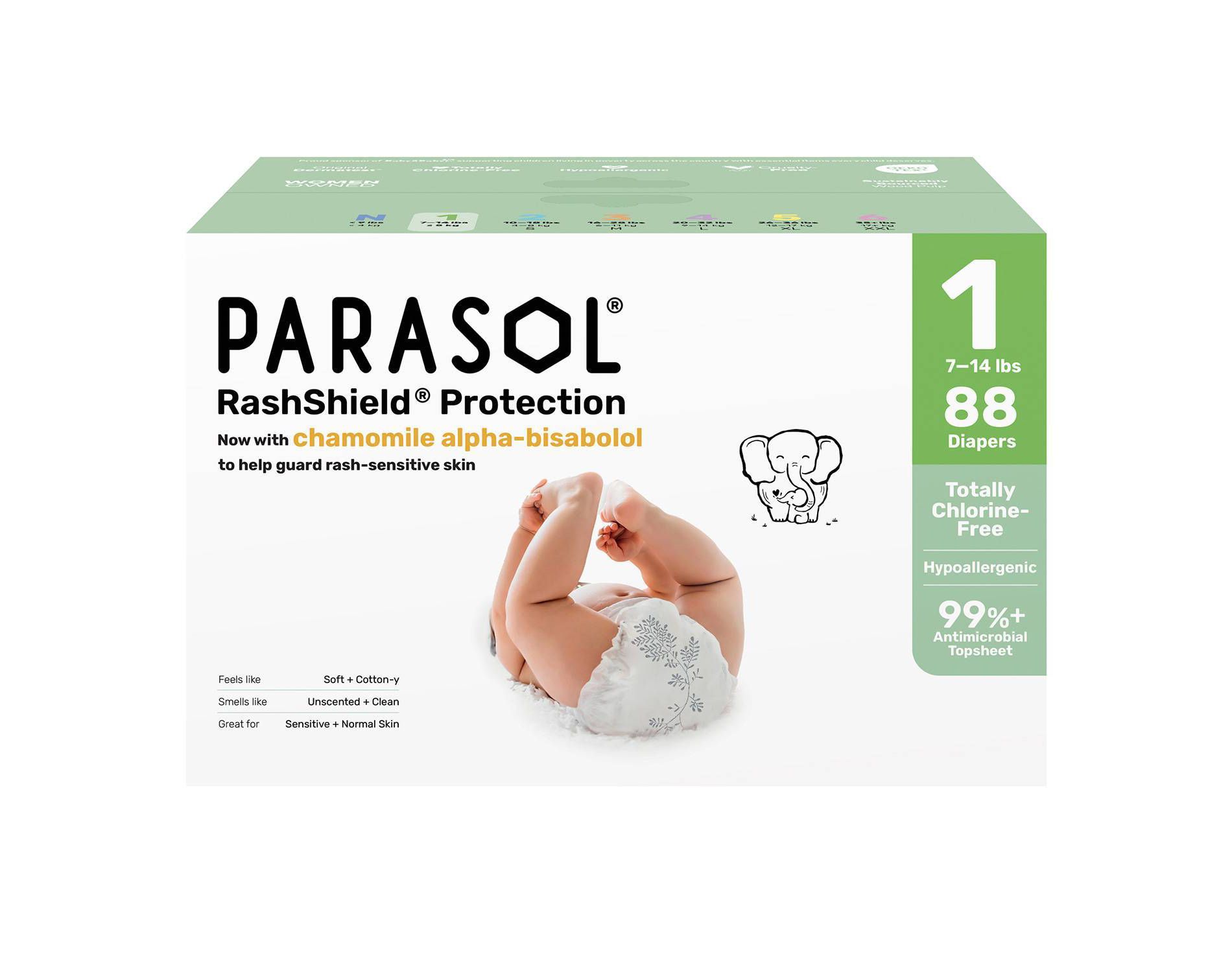 Parasol Chlorine-Free Diapers with RashShield Protection - Size 1 - 88ct