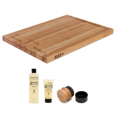 John Boos Cutting Board Bundle with Au Jus 18" Cutting Board with Juice Groove, Maple Wood and 3 Piece Wood Cutting Board Care and Maintenance Set