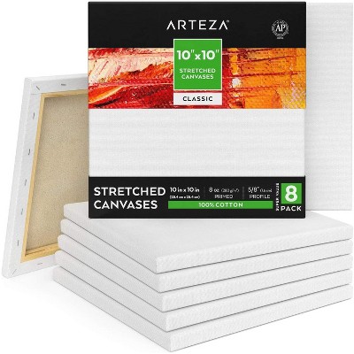 Arteza Stretched Canvas, Classic, White, 10"x10", Blank Canvas Boards for Painting - 8 Pack (ARTZ-8921)
