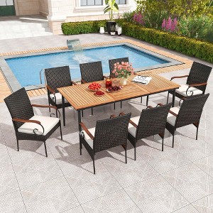Costway 9 PCS Patio Dining Set with Acacia Wood Tabletop 1.9" Umbrella Hole Outdoor - 1 of 4