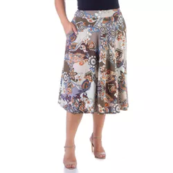 24seven Comfort Apparel Tan Paisley Pleated Plus Size Pocket Midi Skirt