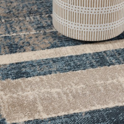 Modern Blue and Cream Striped Synthetic Area Rug, 5'x8'