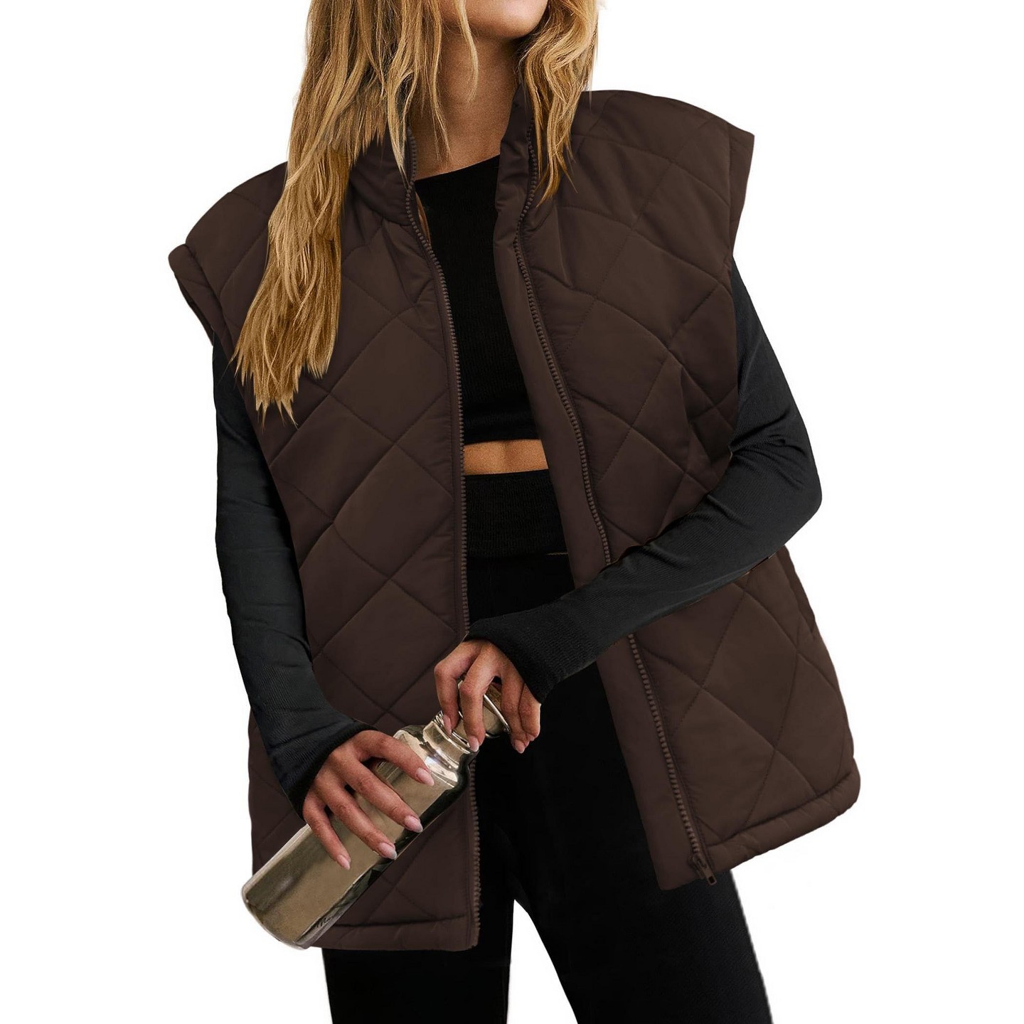 Женская куртка Zeagoo Puffer Vest Stand Collar Zipper Lightweight Outerwear Sleeveless Padded Jacket with Pockets Winter Coat-Brown, цвет: Коричневый — фото 1