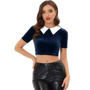 INSPIRE CHIC Women's Contrast Collar Short Sleeve Velvet Crop Top - 1 of 4
