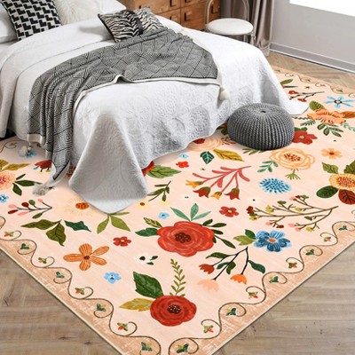 Garvee Machine Washable Floral Area Rug - Large Soft Modern Carpet, Non-Slip Low Pile Floor Mat for Living Room, Bedroom, and Dining Room